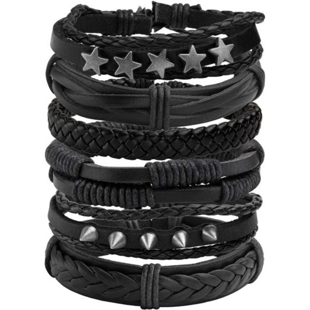 6 Pcs Braided Faux Leather Bracelet Punk Cuff Wrap Bracelets 30$